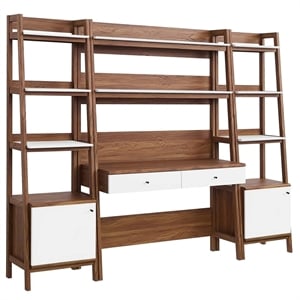 Pemberly Row 3-Piece Wood Office Desk and Bookshelf-Walnut/White