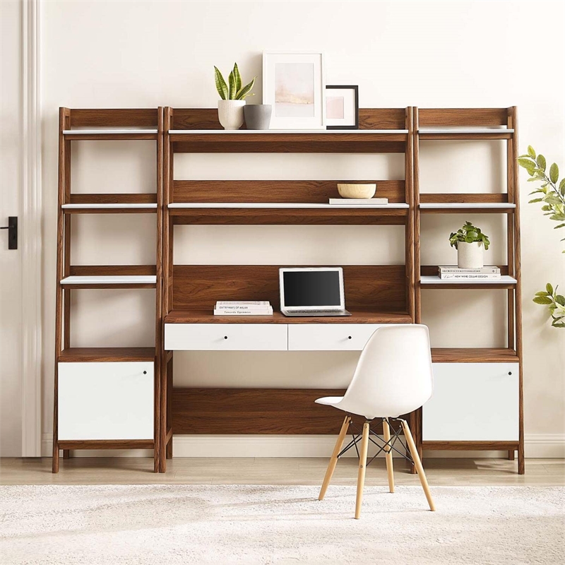 Pemberly Row 3-Piece Wood Office Desk and Bookshelf-Walnut/White