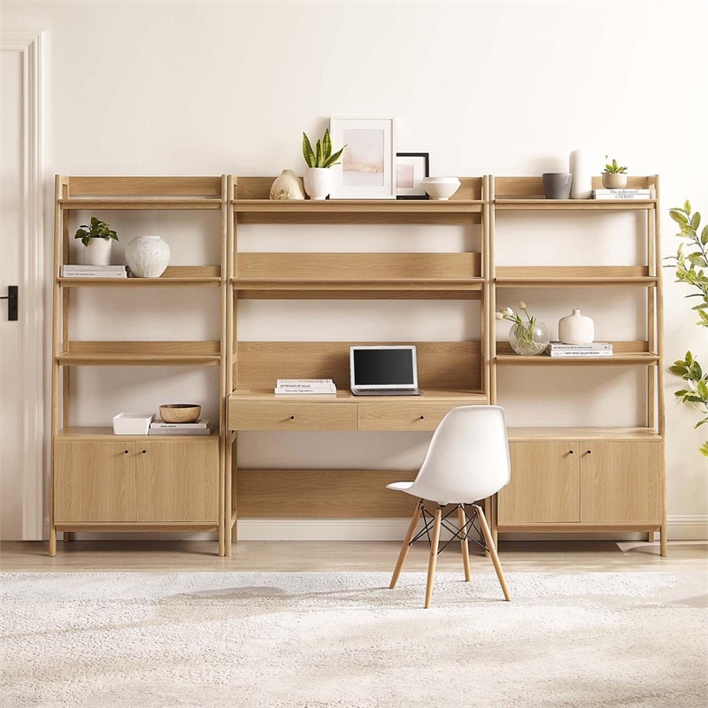 Pemberly Row 3-Piece Modern Wood Office Desk and Bookshelf in Oak