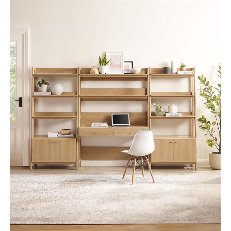 Pemberly Row 3-Piece Modern Wood Office Desk and Bookshelf in Oak