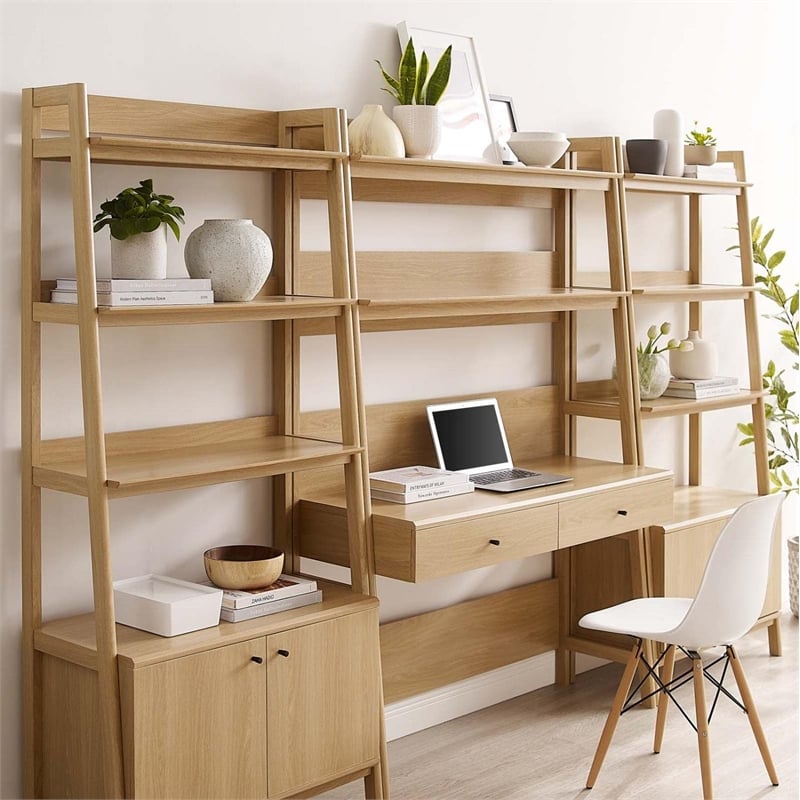 Pemberly Row 3-Piece Modern Wood Office Desk and Bookshelf in Oak