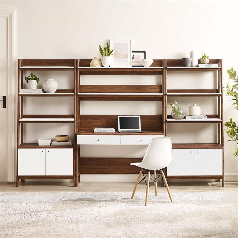 Pemberly Row 3-Piece Wood Office Desk and Bookshelf in Walnut/White