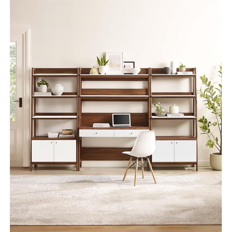 Pemberly Row 3-Piece Wood Office Desk and Bookshelf in Walnut/White