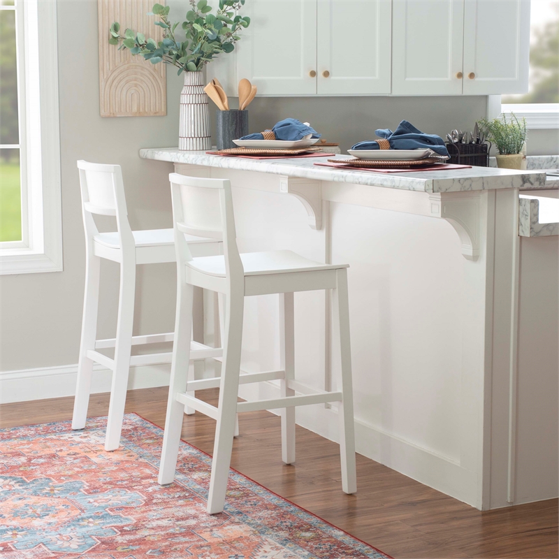 Pemberly Row Saddle Seat Bar Stools Set of Two in White Solid Rubberwood