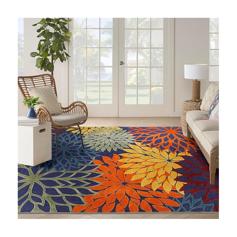 Pemberly Row 9' x 12' Navy Multicolor Fabric Outdoor Area Rug (9' x 12')