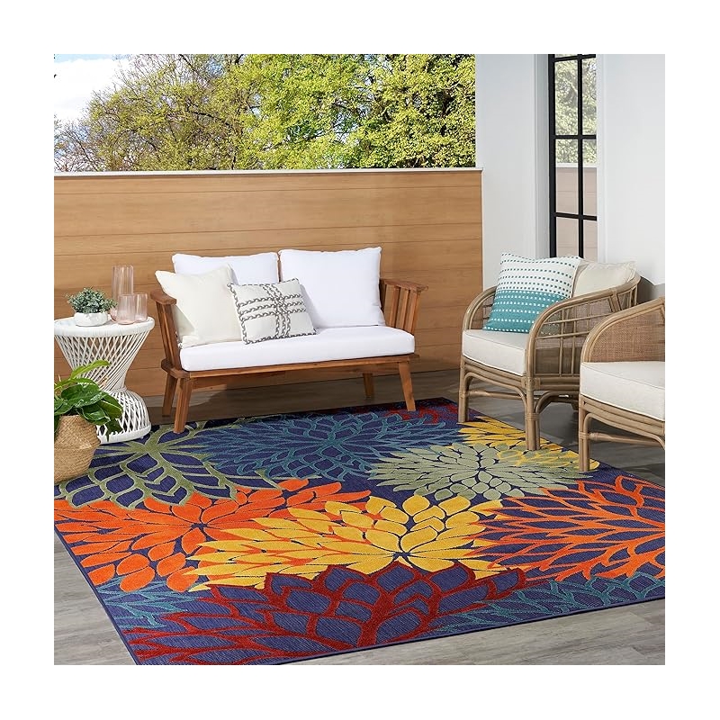 Pemberly Row 9' x 12' Navy Multicolor Fabric Outdoor Area Rug (9' x 12')