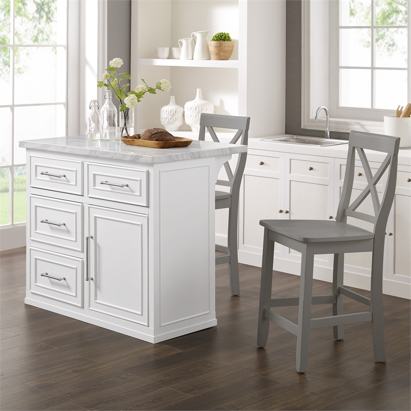 Pemberly Row 3-Piece Wood Kitchen Island w/ X-Back Stools in White