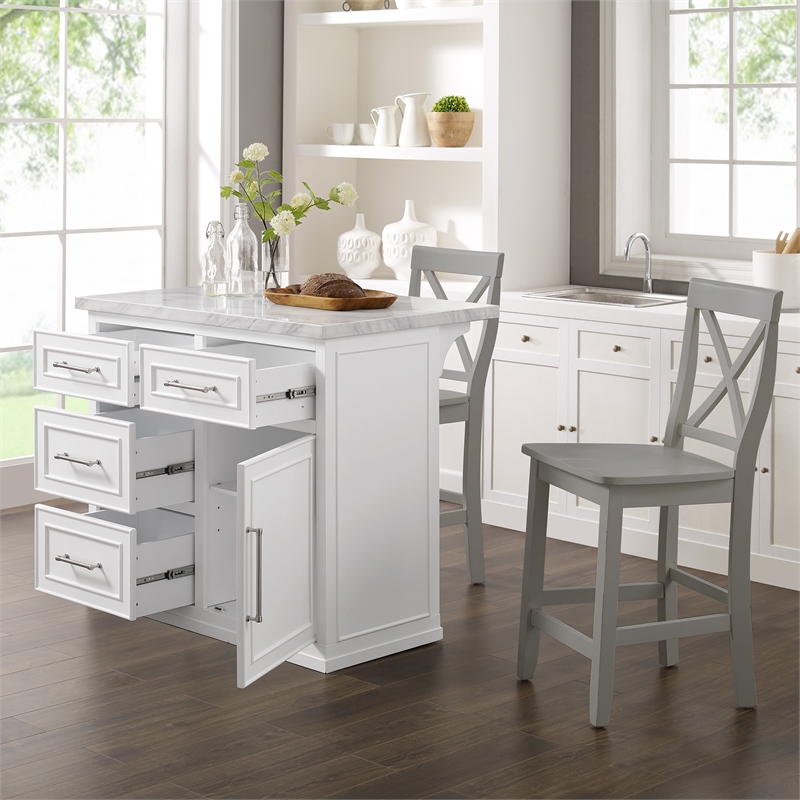 Pemberly Row 3-Piece Wood Kitchen Island w/ X-Back Stools in White