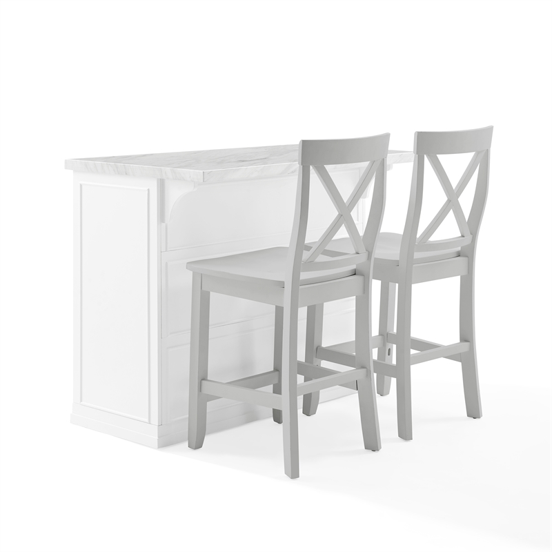 Pemberly Row 3-Piece Wood Kitchen Island w/ X-Back Stools in White