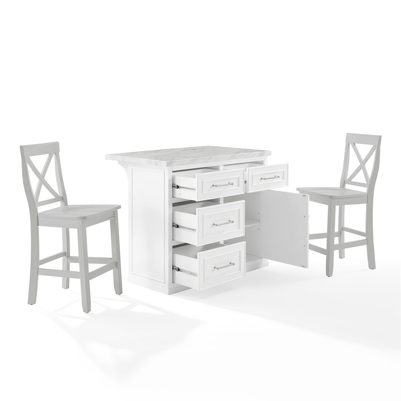 Pemberly Row 3-Piece Wood Kitchen Island w/ X-Back Stools in White