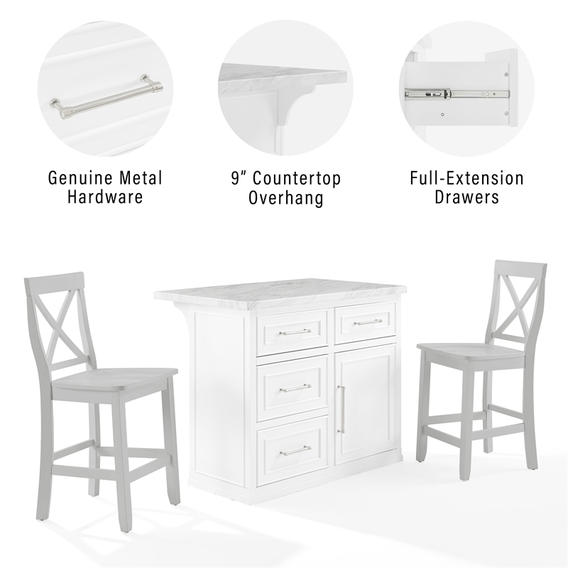 Pemberly Row 3-Piece Wood Kitchen Island w/ X-Back Stools in White