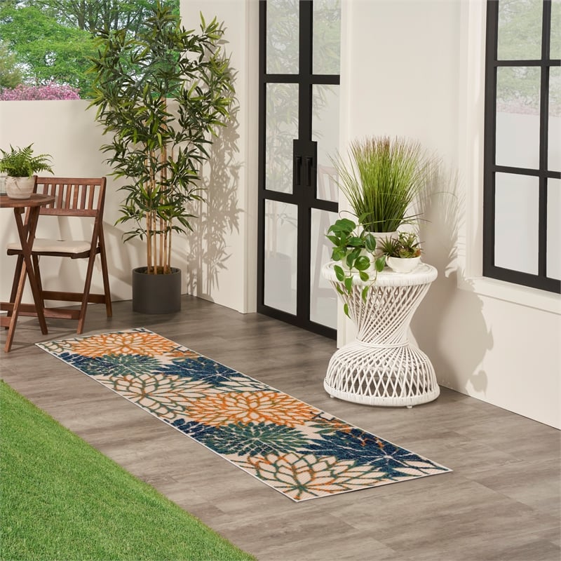 Pemberly Row 6' Runner Blue Green Fabric Tropical Area Rug (6' Runner)
