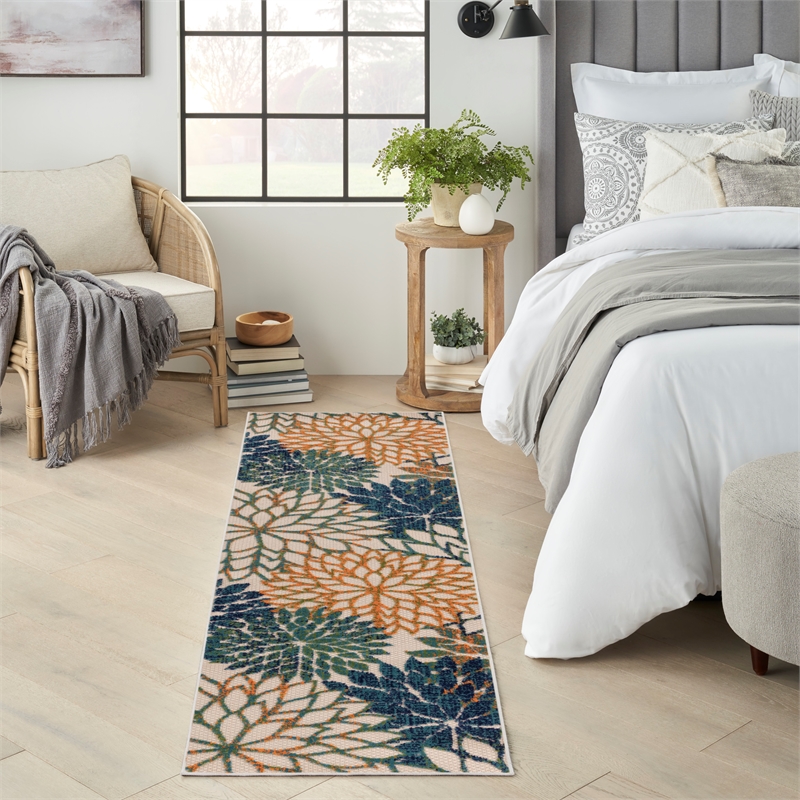 Pemberly Row 8' Runner Blue Green Fabric Tropical Area Rug (8' Runner)