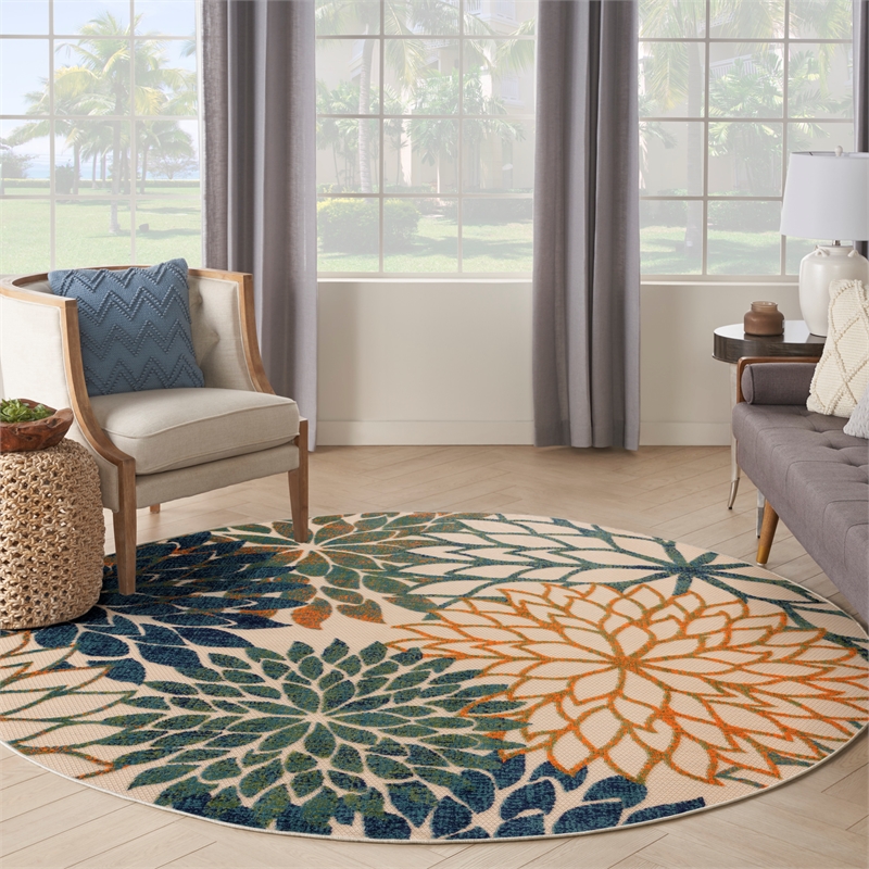 Pemberly Row 5' x Round Blue Green Fabric Tropical Area Rug (5' Round)