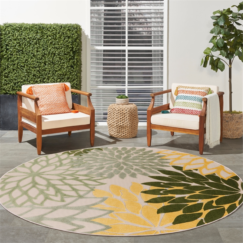 Pemberly Row 8' x Round Green Multicolor Fabric Tropical Area Rug (8' Round)