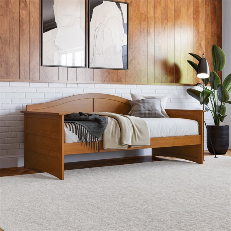 Pemberly Row Mid-Century Solid Wood Twin Daybed with Back Board in Light Toffee