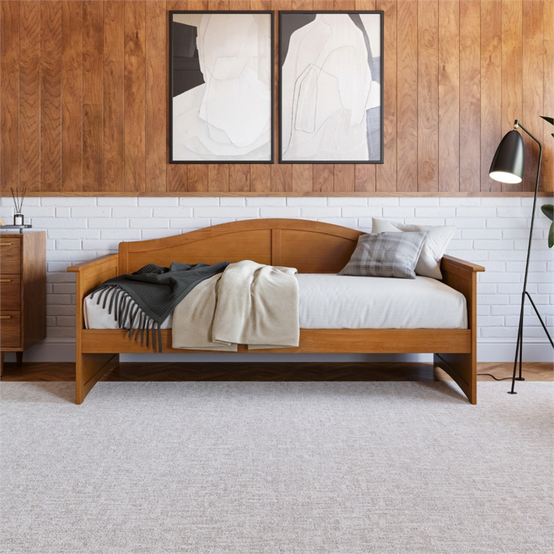 Pemberly Row Mid-Century Solid Wood Twin Daybed with Back Board in Light Toffee