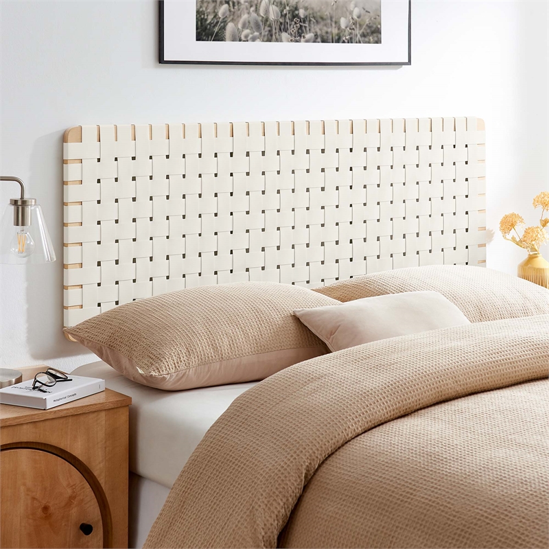 Pemberly Row Weave Wall-Mount Vegan Leather Queen Headboard in Natural Beige