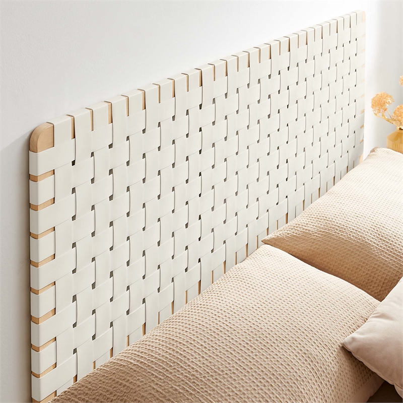 Pemberly Row Weave Wall-Mount Vegan Leather Queen Headboard in Natural Beige