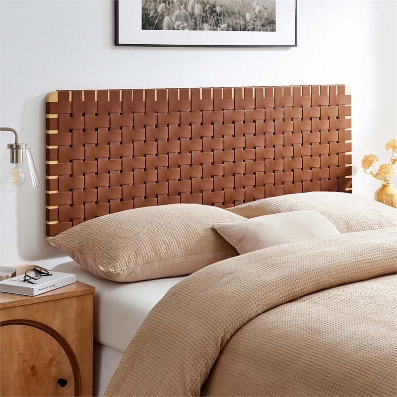 Pemberly Row Weave Wall-Mount Vegan Leather Queen Headboard in Natural Brown