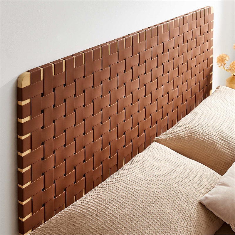 Pemberly Row Weave Wall-Mount Vegan Leather Queen Headboard in Natural Brown