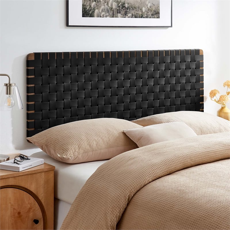 Pemberly Row Weave Wall-Mount Vegan Leather Queen Headboard in Walnut Black