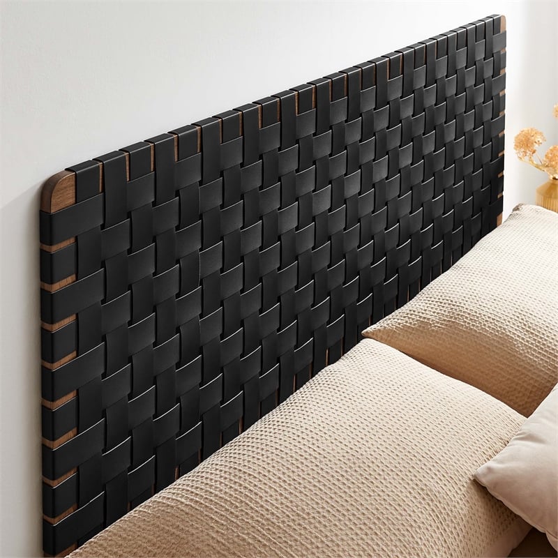 Pemberly Row Weave Wall-Mount Vegan Leather Queen Headboard in Walnut Black