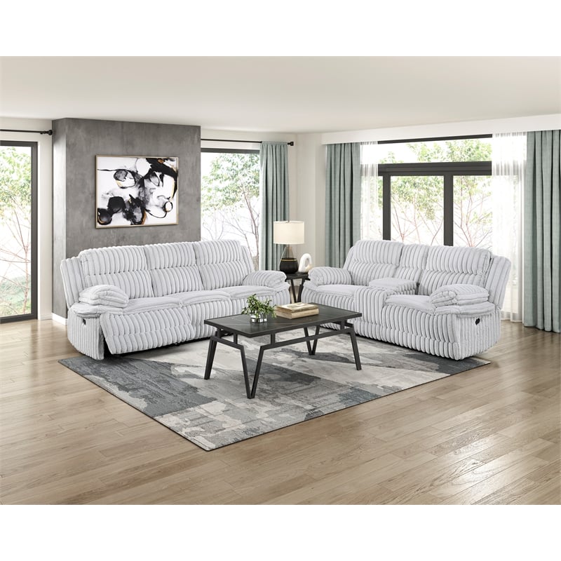 Pemberly Row Corduroy Double Reclining Love Seat with Center Console in Gray