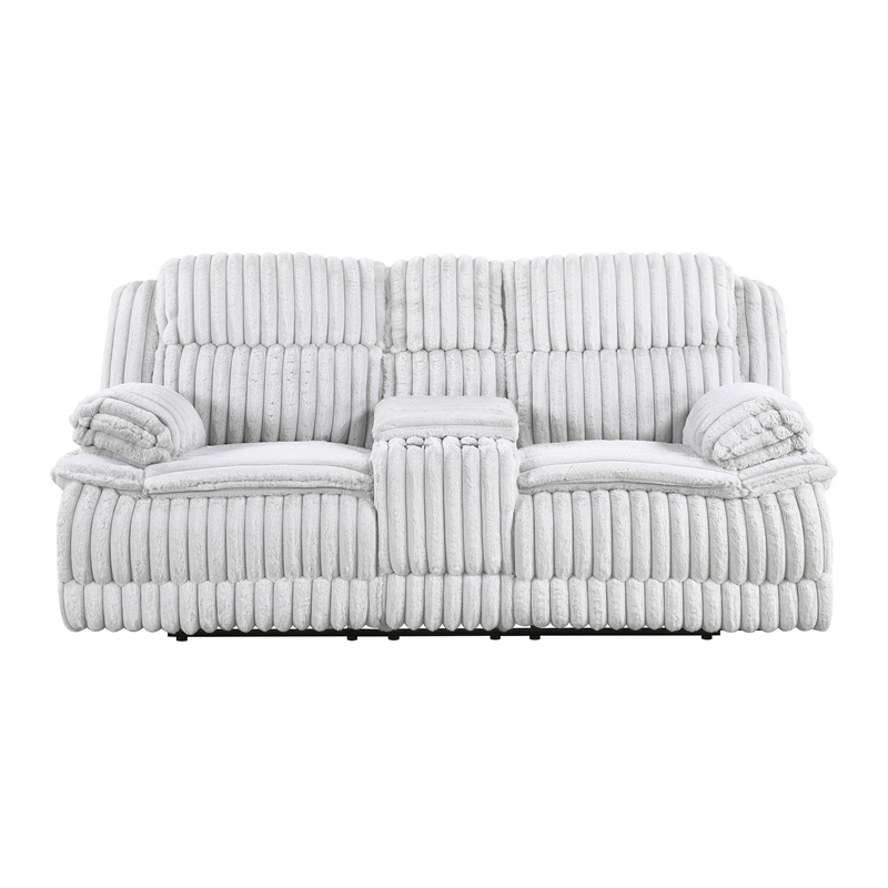 Pemberly Row Corduroy Double Reclining Love Seat with Center Console in Gray