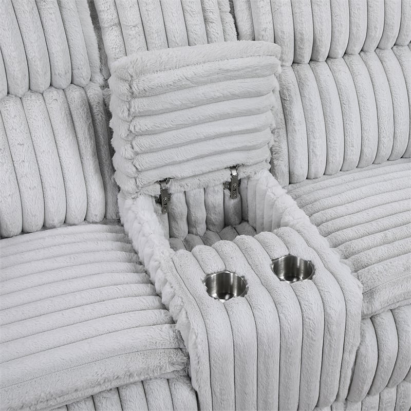 Pemberly Row Corduroy Double Reclining Love Seat with Center Console in Gray