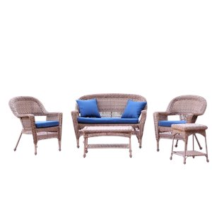 Pemberly Row 5pc Wicker Conversation Set in Honey with Blue Cushions