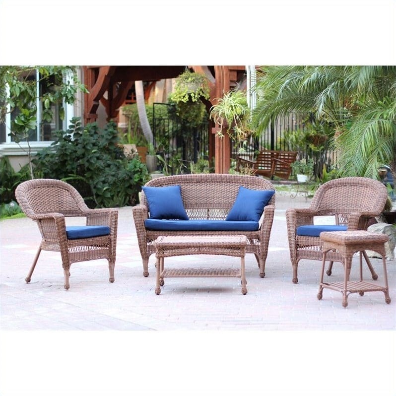 Pemberly Row 5pc Wicker Conversation Set in Honey with Blue Cushions