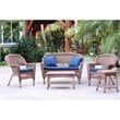 Pemberly Row 5pc Wicker Conversation Set in Honey with Blue Cushions