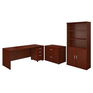 Pemberly Row 72&quotW Office Desk with Bookcase and File Cabinets in Mahogany