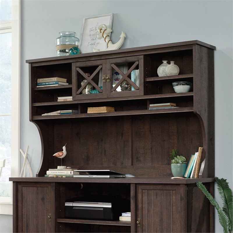 Pemberly Row Engineered Wood 2 Door Credenza Desk Hutch in Coffee Oak