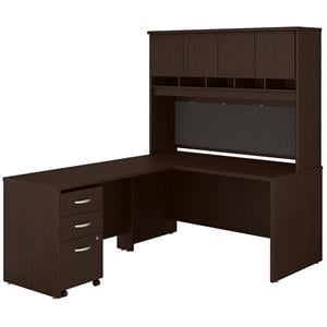 Pemberly Row 60W L Desk with Hutch and Drawers in Mocha Cherry-Engineered Wood