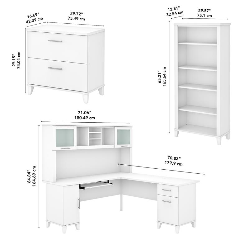 Pemberly Row 72W L Shaped Desk Set with Hutch and Storage in White-Wood