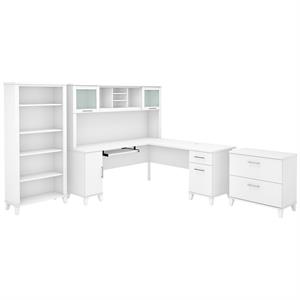 Pemberly Row 72W L Shaped Desk Set with Hutch and Storage in White-Wood