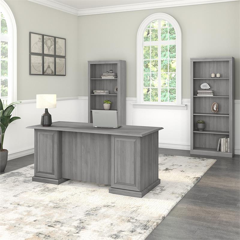 Pemberly Row Executive Desk and Bookcase Set in Modern Gray-Engineered Wood
