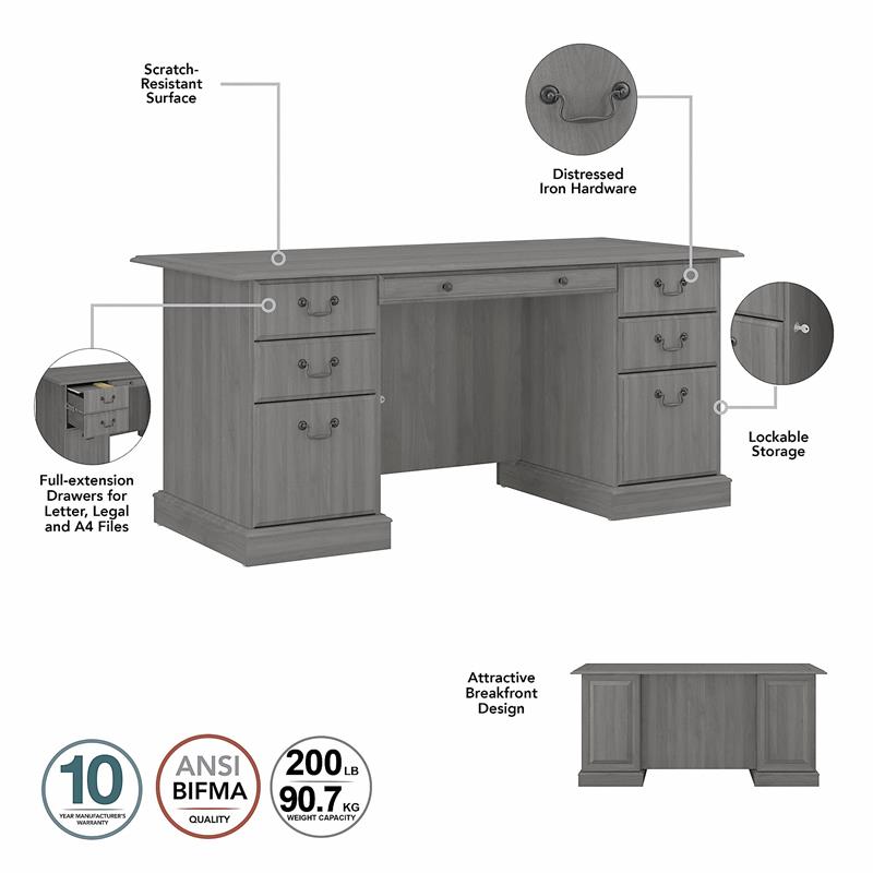 Pemberly Row Executive Desk and Bookcase Set in Modern Gray-Engineered Wood