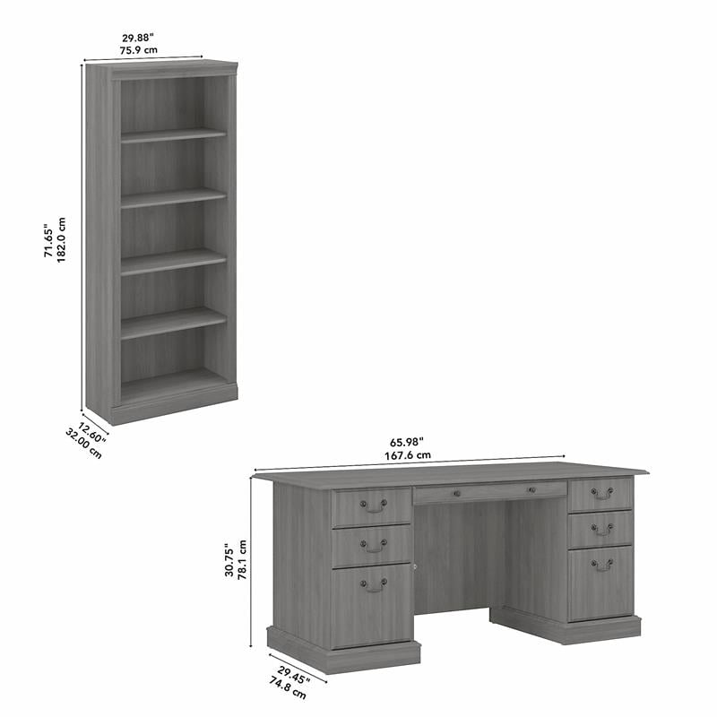 Pemberly Row Executive Desk and Bookcase Set in Modern Gray-Engineered Wood