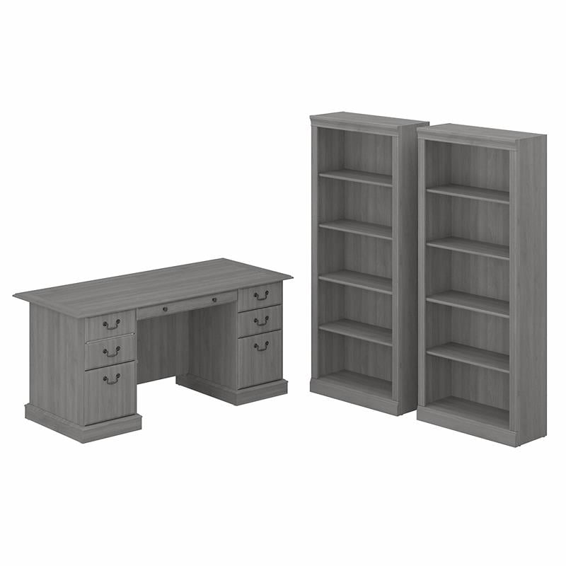 Pemberly Row Executive Desk and Bookcase Set in Modern Gray-Engineered Wood