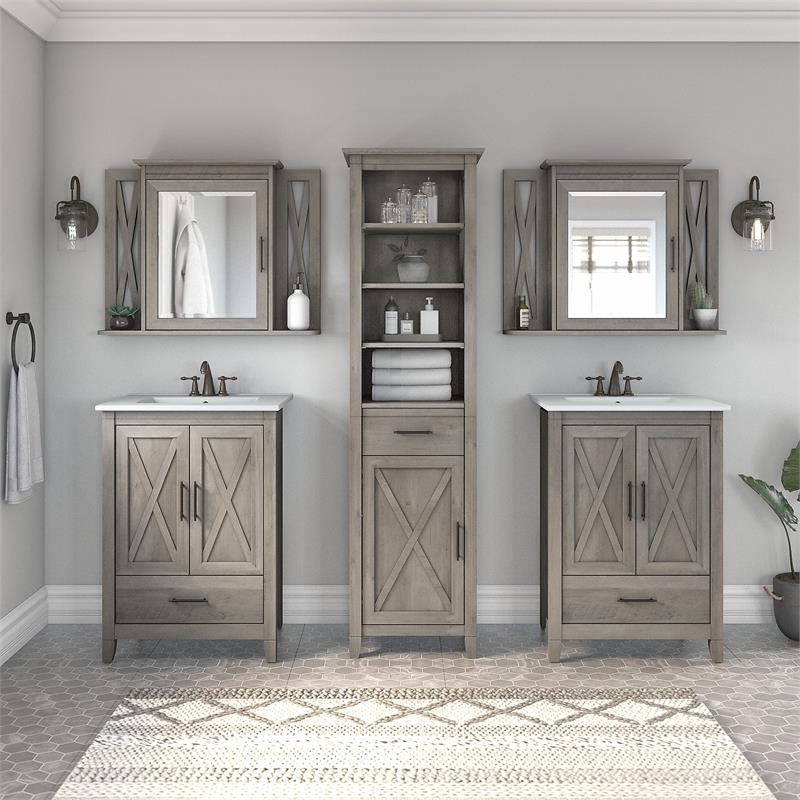 Pemberly Row Engineered Wood Vanity Set with Linen Tower in Driftwood Gray