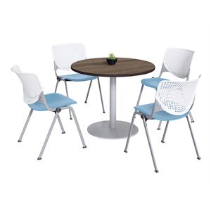 Pemberly Row 42&quot Round Dining Table-Teak Top-Kool Chairs-White/Sky Blue