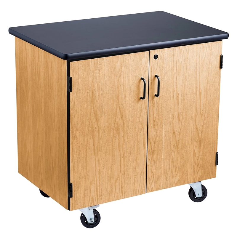 Pemberly Row Wood Mobile Science Cabinet with HPL Top in Black/Light Oak