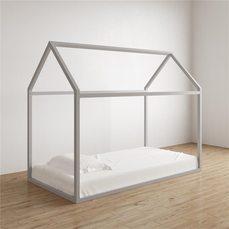 Pemberly Row Contemporary Metal House Bed Twin Size in Dove Gray