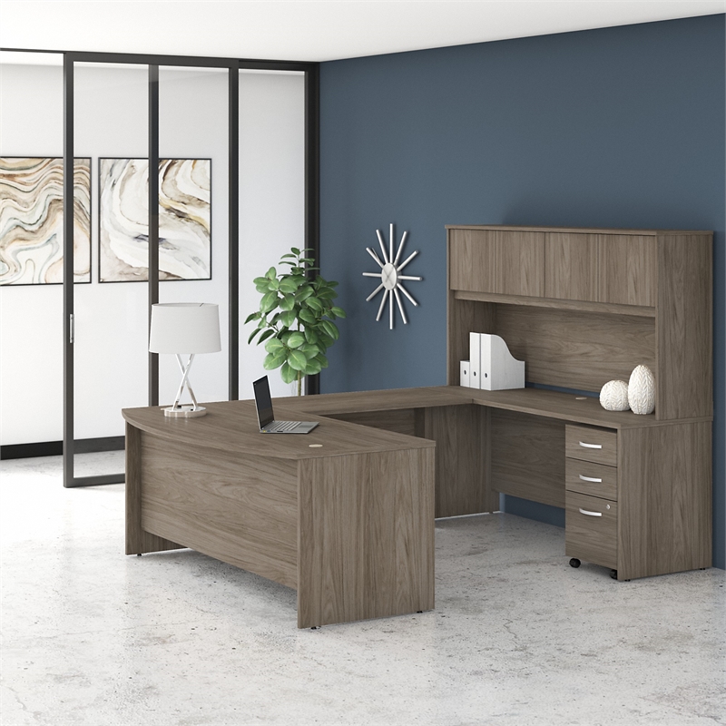 Pemberly Row 72W U Desk with Hutch and Drawers in Modern Hickory-Engineered Wood