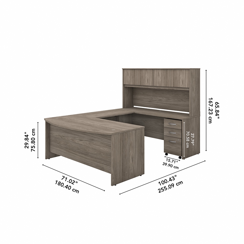 Pemberly Row 72W U Desk with Hutch and Drawers in Modern Hickory-Engineered Wood