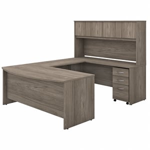 Pemberly Row 72W U Desk with Hutch and Drawers in Modern Hickory-Engineered Wood