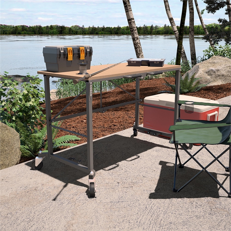 Pemberly Row Portable Workbench Folding Utility Table with Casters in Gray